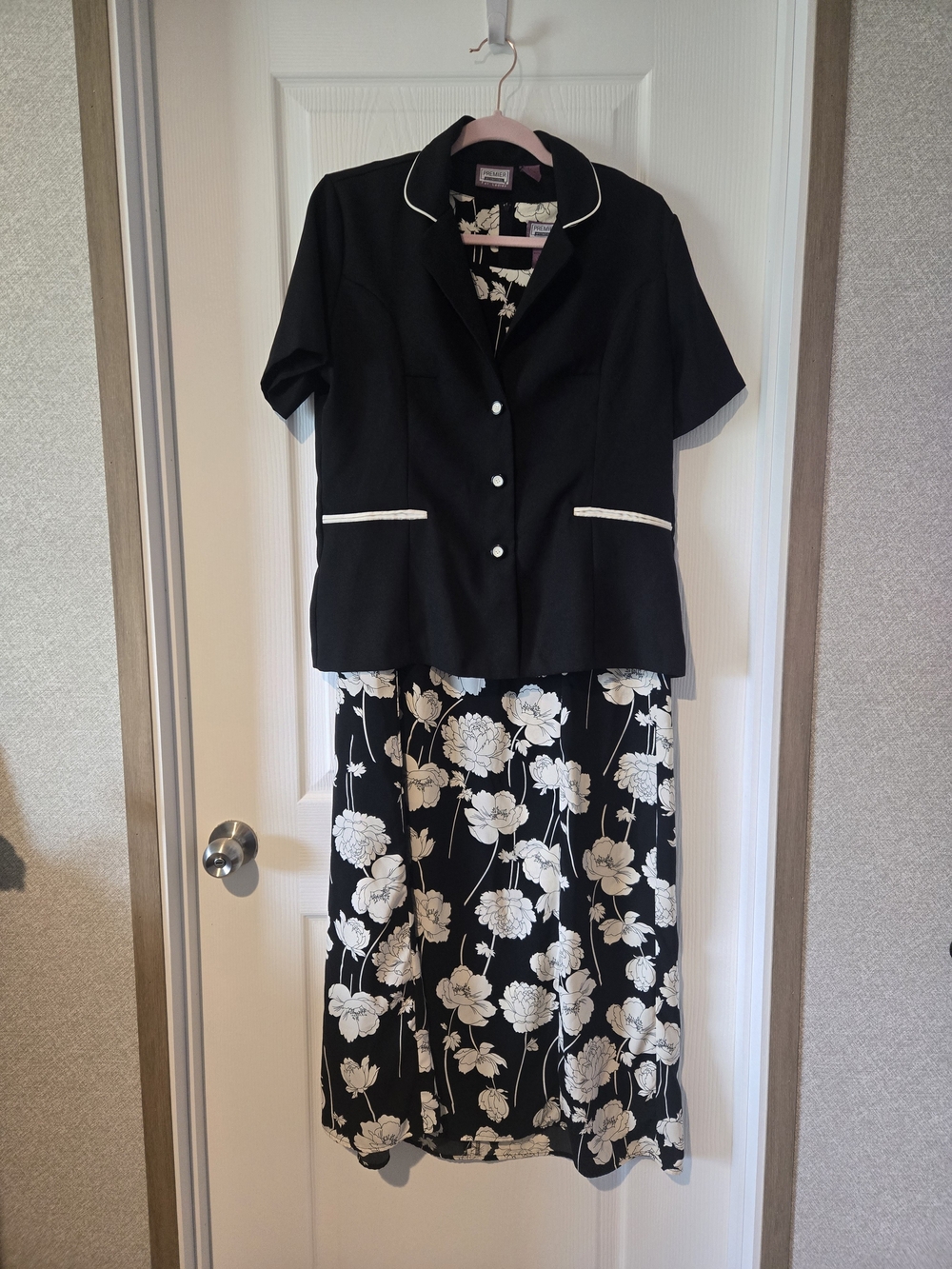 Black Two-Piece Floral Dress Set with White Trim